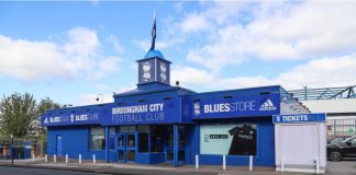 Tom Brady-backed Birmingham City attracts Coral sponsorship BIRMINGHAM, ENGLAND - SEPTEMBER 17, 2019: Blues Store outside St Andrews Trillion Trophy Stadium in Birmingham, England.