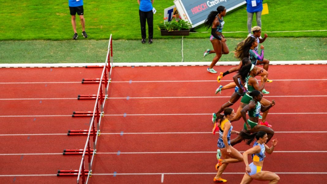 Female-athletics OSTRAVA, CZECHIA, JUNE 27, 2023: Female Athletes Compete in 100m Hurdles Race at Track and Field Contest for Worlds in Budapest and Games in Paris. World Athletics