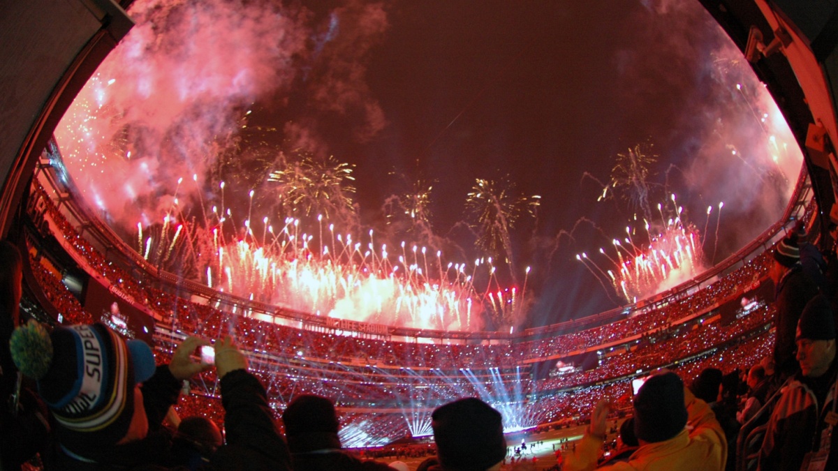 East Rutherford, New Jersey / USA - Feb. 2, 2014: Fireworks go off at the end of the Super Bowl XLVIII halftime show at MetLife Stadium in East Rutherford, N.J. Feb. 2, 2014. Seattle defeated Denver.