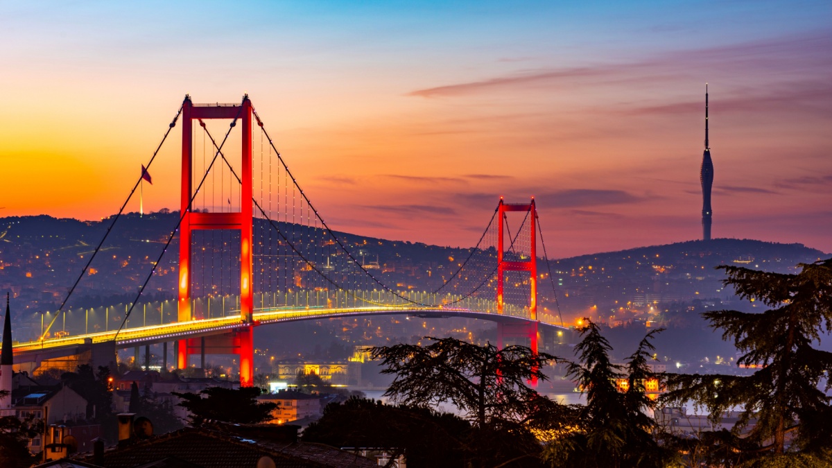 Istanbul City in Turkey. Beautiful Istanbul bosphorus sunrise landscape. Amazing colored sky in morning. Istanbul Bosphorus Bridge.