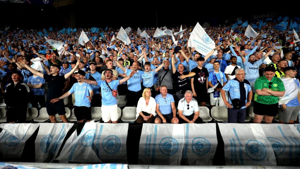 Istanbul, TURKEY - June 10, 2023: Supporters of Manchester City during the UEFA Champions League final MANCHESTER CITY FC v FC INTERNAZIONALE at Ataturk Olympic Stadium. Como