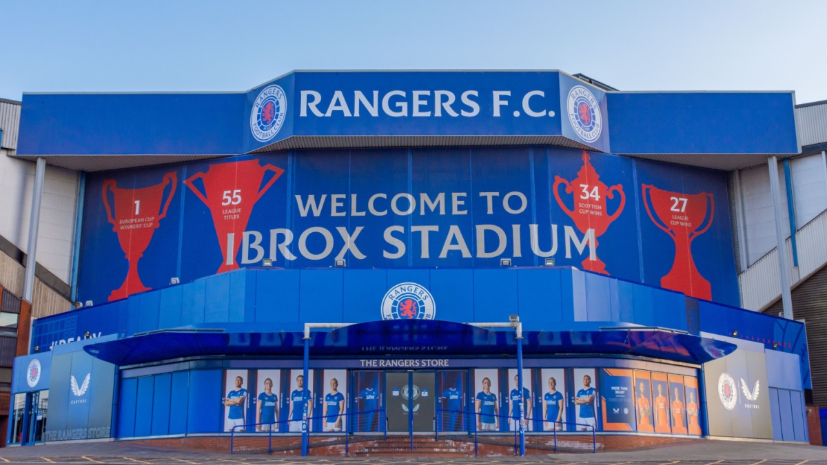 GLASGOW, SCOTLAND - JUNE 30, 2022: Exterior view of Ibrox Stadium in Glasgow, Scotland. A home stadium of Glasgow Rangers, a professional football club based in Glasgow, Scotland.