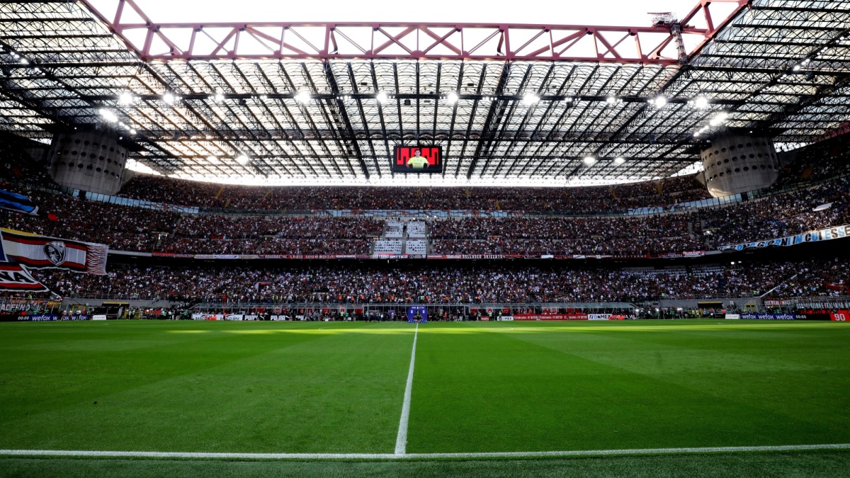 A general view of the inside of the stadium prior to kick off of the Serie A 2022-2023 AC Milan vs. Inter Milan at San Siro Stadium.