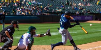Seattle Mariners honour Nintendo ties with MLB-first sleeve deal Seattle Mariners outfielder Julio Rodriguez hits against the Oakland Athletics at the Oakland Coliseum.