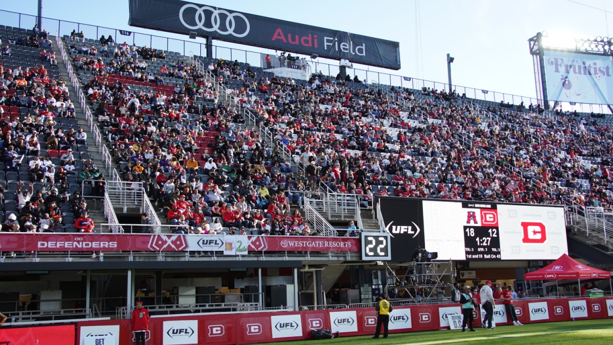 Fans cheer the DC Defenders of the UFL at Audi Field in the United States capital city of Washington DC.
