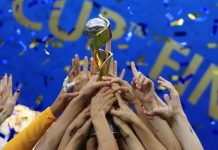 Women’s World Cup and La Liga show split in broadcast strategy Lyon, Rhone, France on July 7, 2019. FIFA Women's World Cup France 2019 - Final USA vs NED. Victory for Team USA, USA hands player with the Trophy.