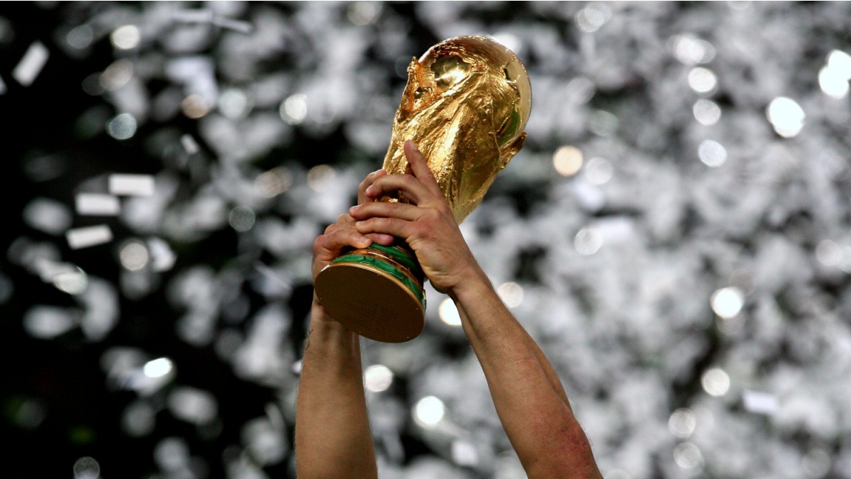 Berlin, GERMANY - July 09, 2006: The FIFA World Cup trophy is raised during the 2006 FIFA World Cup Germany Final Italy v France at the Olympiastadion.