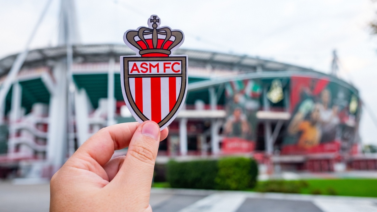 August 30, 2021, Monaco. The emblem of the football club AS Monaco FC in front of the modern stadium.