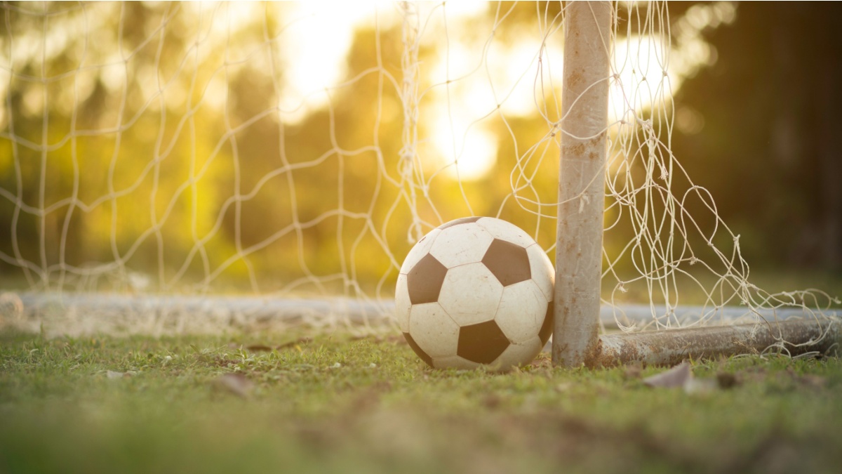 Football in front of a net at sunset.