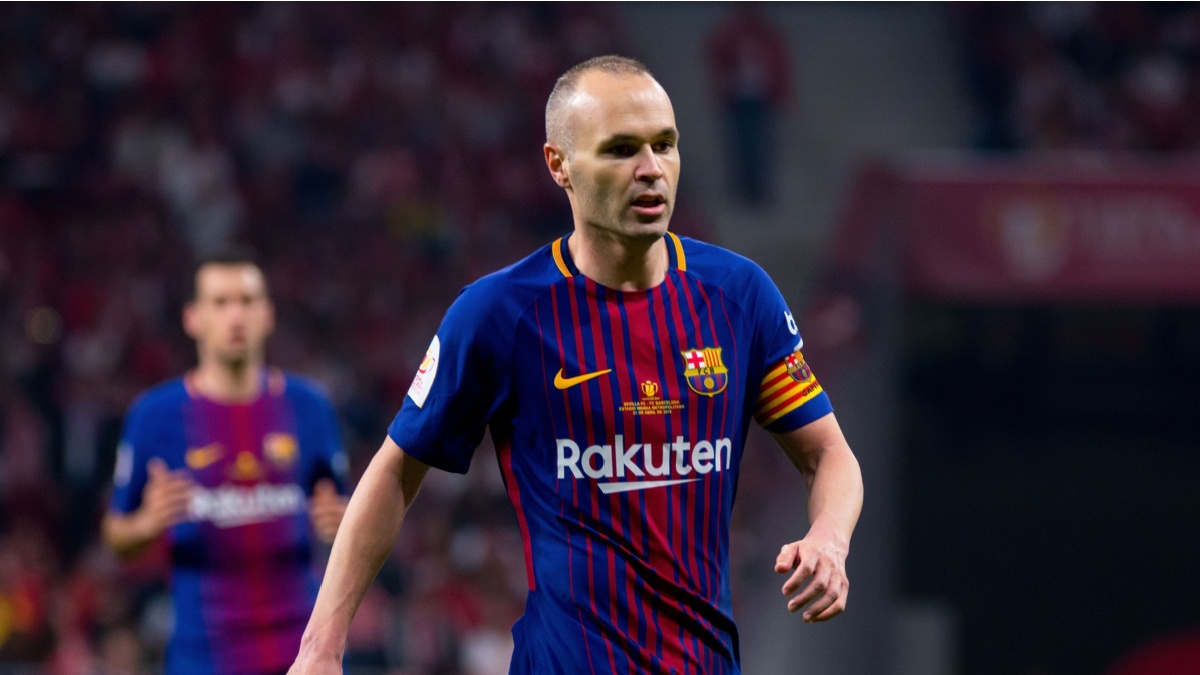 MADRID - APR 21: Andres Iniesta plays at the Copa del Rey final match between Sevilla FC and FC Barcelona at Wanda Metropolitano Stadium on April 21, 2018 in Madrid, Spain.