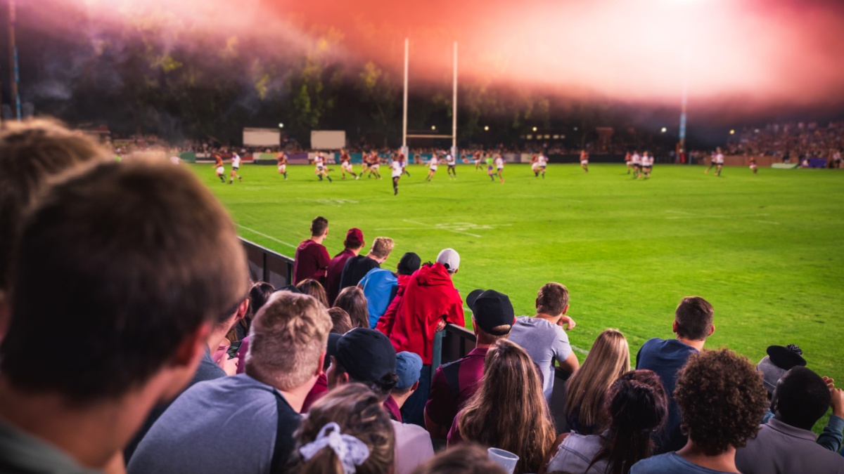 Soccer or rugby supporters in the stadium during match.