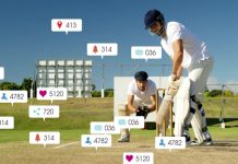 Authenticity is the new currency in sports communications Image of social media icons with growing numbers over caucasian male cricket players. Global social media, sports, communication and digital interface concept digitally generated image.