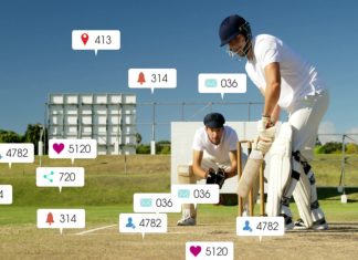 Authenticity is the new currency in sports communications Image of social media icons with growing numbers over caucasian male cricket players. Global social media, sports, communication and digital interface concept digitally generated image.