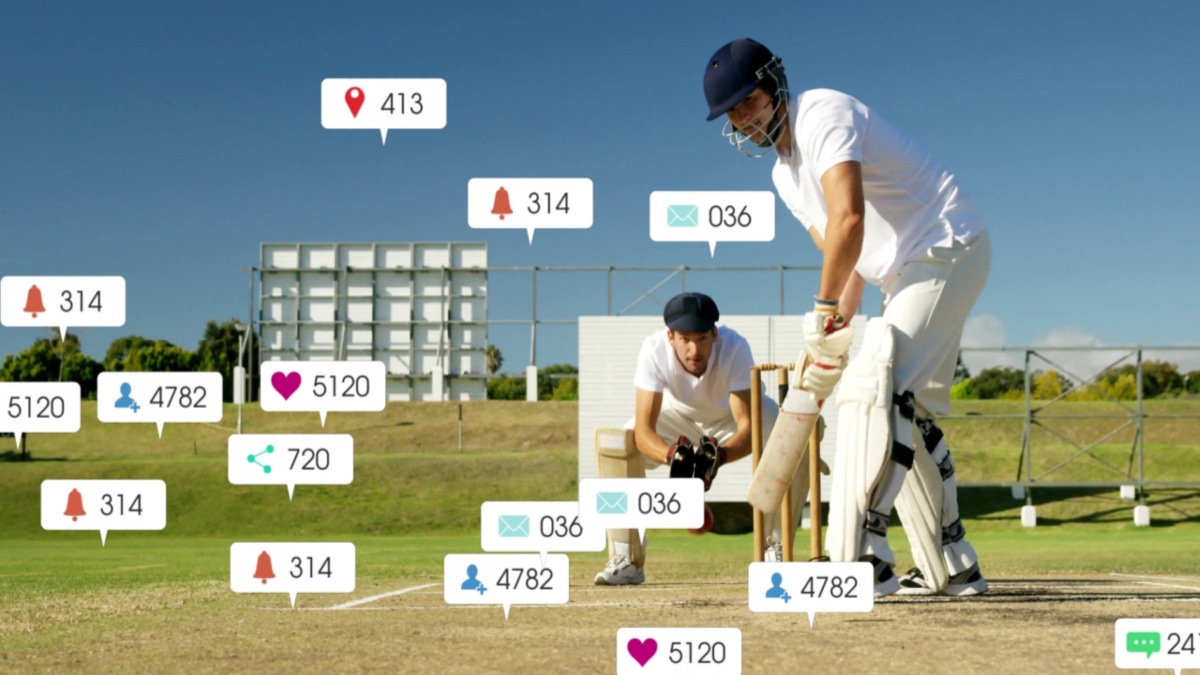 Image of social media icons with growing numbers over caucasian male cricket players. Global social media, sports, communication and digital interface concept digitally generated image.