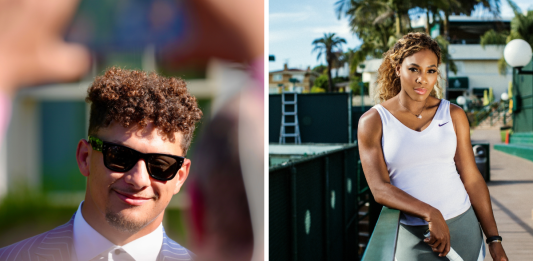 An edited image split in two featuring athlete investors - Patrick Mahomes on the left in a suit with sunglasses, and on the right Serena Williams next to a tennis court