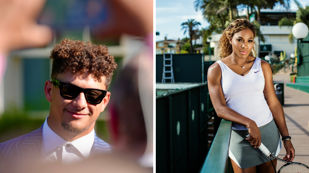 An edited image split in two featuring athlete investors - Patrick Mahomes on the left in a suit with sunglasses, and on the right Serena Williams next to a tennis court