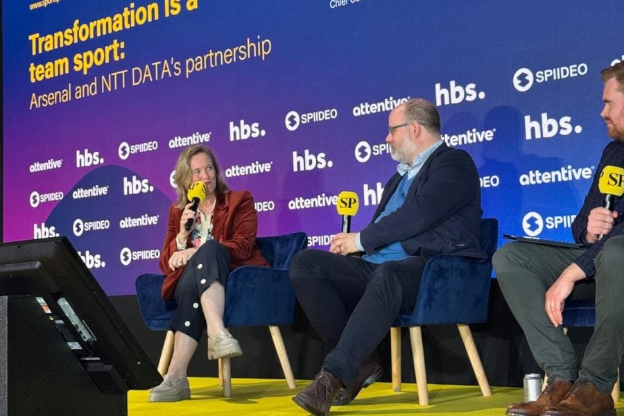 Juliet Slot, Chief Commercial Officer at Arsenal and Tom Winstanley, CTO and Head of New Ventures at NTT DATA, on stage at SportsPro Live.