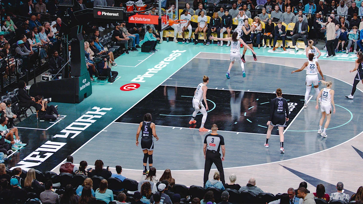 Image of an WNBA court with Pinterest sponsorship