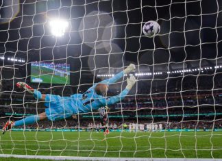 Premier League adds value to broadcasts with goal celebration shift Goalkeeper, Alfie Whiteman of Tottenham dives to block the ball during the penalty shootout during the Exhibition match between Tottenham and Newcastle at the MCG on May 22, 2024.