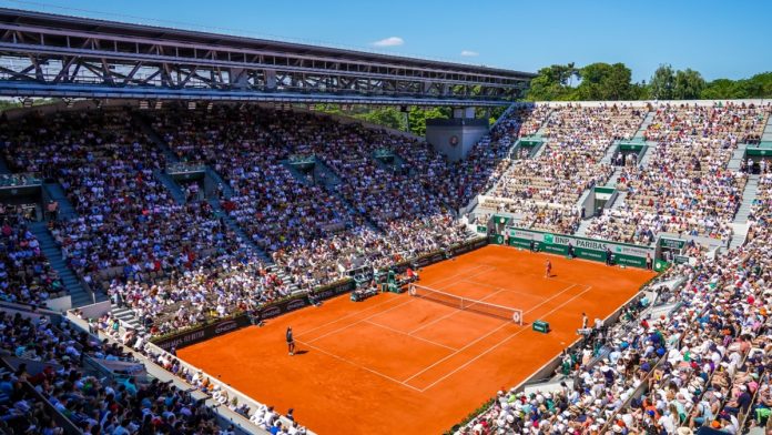 PARIS, FRANCE - JUNE 3, 2023: A general view of the Court Suzanne Lenglenu during 2023 Roland Garros tennis tournament at the Le Stade Roland Garros in Paris, France