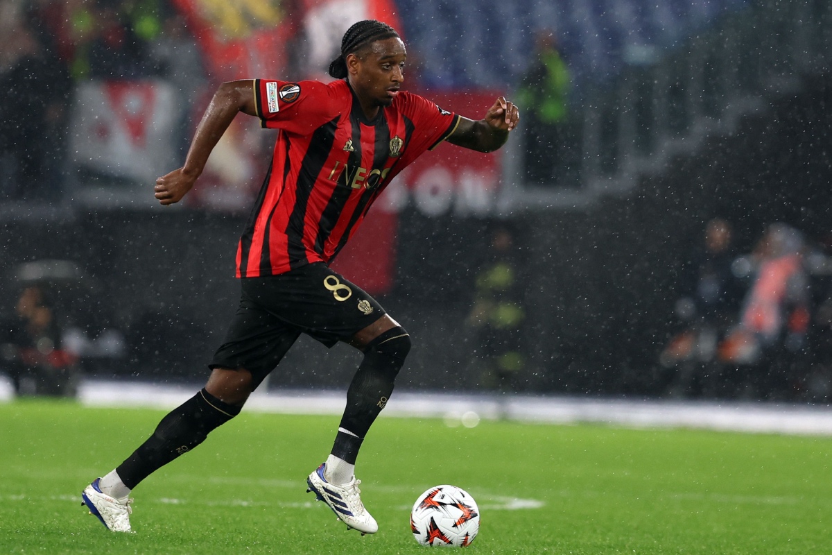 OGC Nice player wearing home shirt with INEOS sponsorship