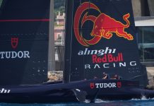 First female-led team joins SailGP with Red Bull Italy August 28, 2024: detail of the Alinghi Red Bull Racing AC75 boat leaving the port of Barcelona at the 37th America's Cup. horizontal