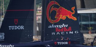 First female-led team joins SailGP with Red Bull Italy August 28, 2024: detail of the Alinghi Red Bull Racing AC75 boat leaving the port of Barcelona at the 37th America's Cup. horizontal