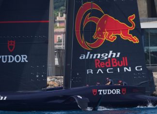First female-led team joins SailGP with Red Bull Italy August 28, 2024: detail of the Alinghi Red Bull Racing AC75 boat leaving the port of Barcelona at the 37th America's Cup. horizontal