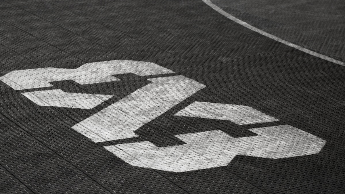 Streetball FIBA 3x3 LOGO at streetball court. Kharkov, Ukraine, 08.08.2021.