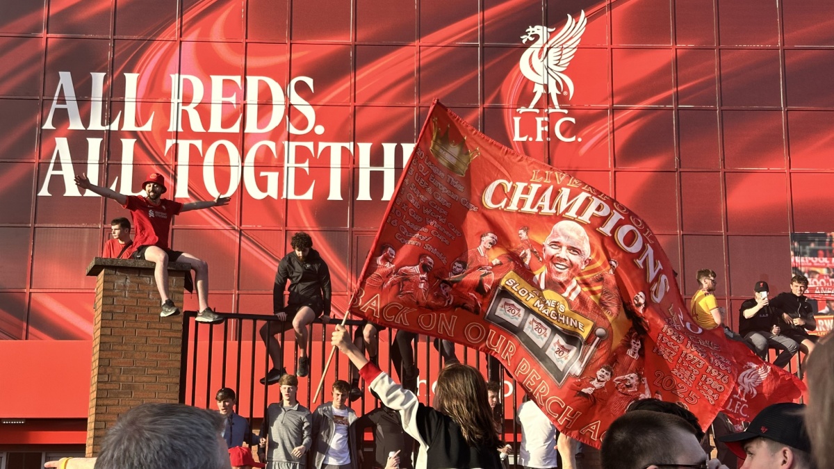 Liverpool FC fans celebrate winning the Premier League title