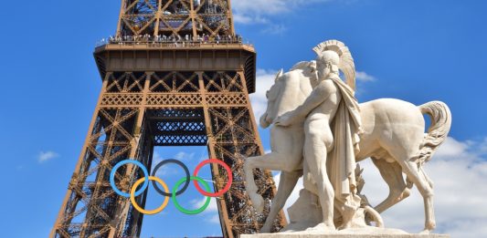 Image of the Eiffel Tower with the Olympic Rings attached ahead of the Paris Olympics