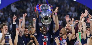 PSG online sales jump 744% after Club World Cup game Munich, Germany - May 31, 2025: Paris Saint-Germain players celebrate their winning of the UEFA Champions League 2025 after the final game against Inter at Munich arena in Munich, Germany.