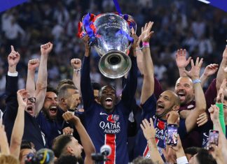 PSG online sales jump 744% after Club World Cup game Munich, Germany - May 31, 2025: Paris Saint-Germain players celebrate their winning of the UEFA Champions League 2025 after the final game against Inter at Munich arena in Munich, Germany.