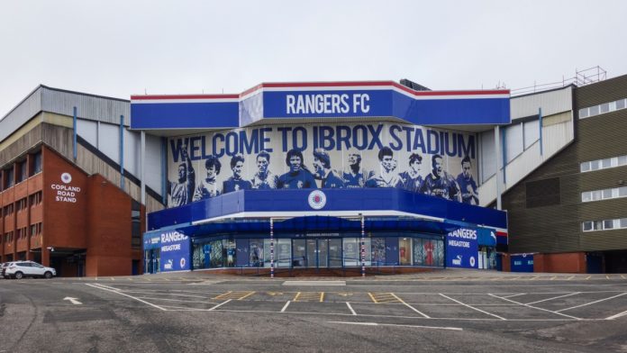 Exterior view of Ibrox Stadium, home of Rangers FC, in Glasgow, Scotland
