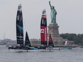 SailGP adds to commercial wave with sports betting launch New Zealand and Denmark teams battle during 3rd race during SailGP second day in New York harbor with Statue of Liberty in the background on June 23, 2024.