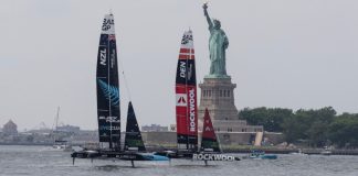 SailGP adds to commercial wave with sports betting launch New Zealand and Denmark teams battle during 3rd race during SailGP second day in New York harbor with Statue of Liberty in the background on June 23, 2024.