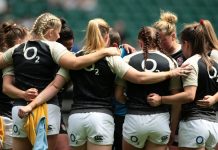 Women’s Rugby World Cup taps familiar O2 to boost excitement Twickenham, UK. 2nd June 2019. The England Women's players huddle ahead of the match between England Women and Barbarians Women.