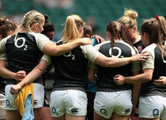 Women’s Rugby World Cup taps familiar O2 to boost excitement Twickenham, UK. 2nd June 2019. The England Women's players huddle ahead of the match between England Women and Barbarians Women.