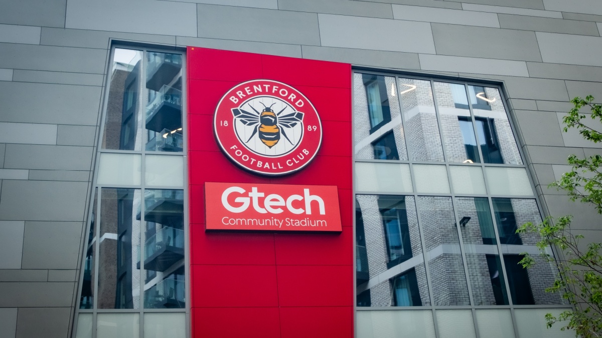 LONDON- JULY 31, 2023: Brentford FC football stadium exterior logo in West London.
