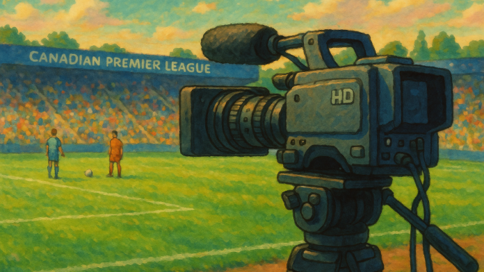 Illustrated image of a broadcasting camera on the sidelines of a canadian premier league game following the OneSoccer verdict