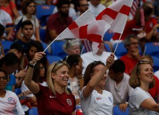 England’s Lionesses outscore Club World Cup final in UK viewership Fans of England during the FIFA Women's World Cup France 2019, semi-final football match vs England and USA on July 2,2019 Groupama Stadium Lyon France.
