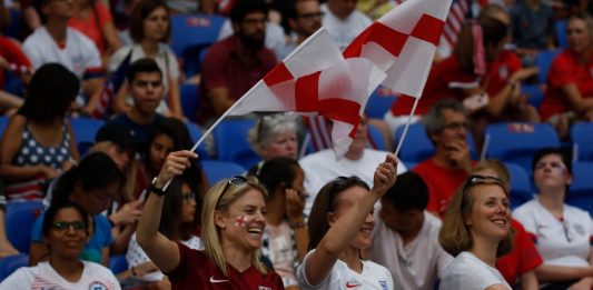 Fans of England during the FIFA Women's World Cup France 2019, semi-final football match vs England and USA on July 2,2019 Groupama Stadium Lyon France.