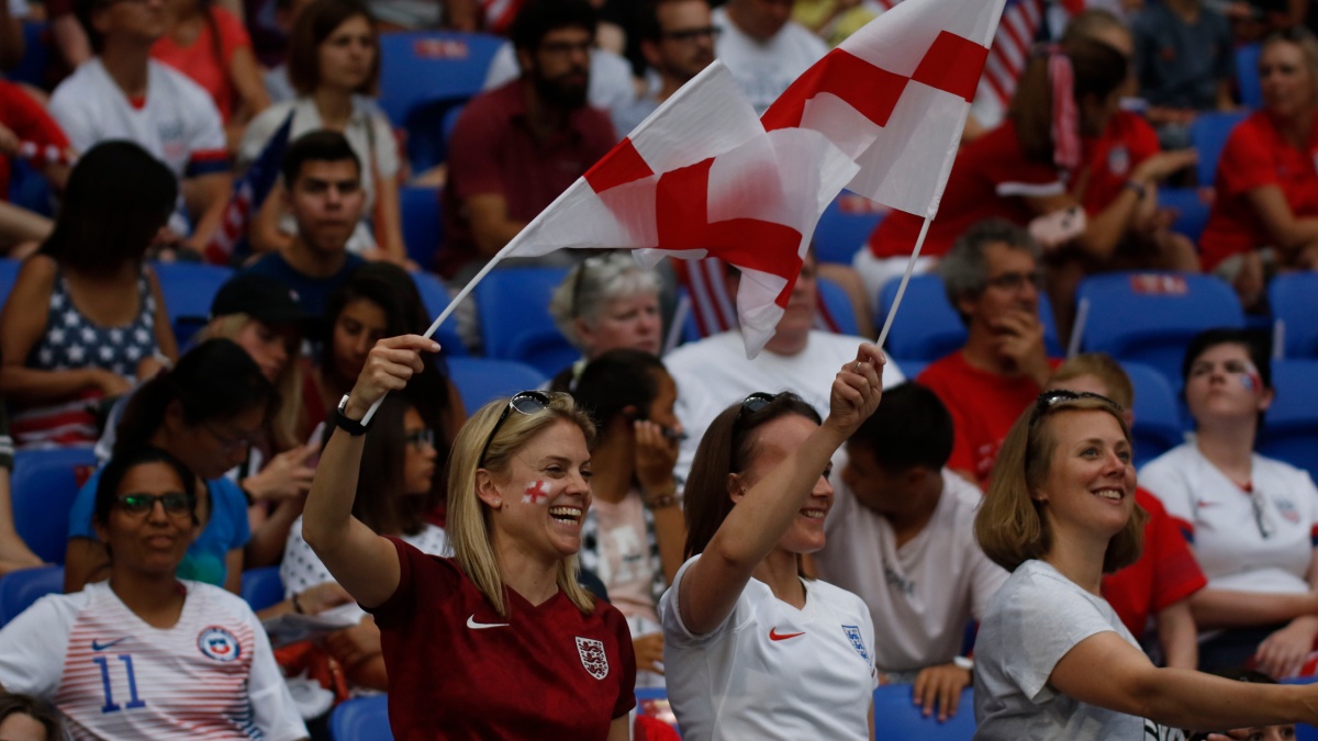 Fans of England during the FIFA Women's World Cup France 2019, semi-final football match vs England and USA on July 2,2019 Groupama Stadium Lyon France.