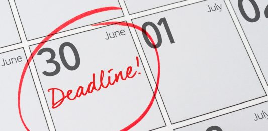 Deadline written on a calendar - June 30.