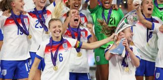 Women’s sport tops UK TV in 2025 as Euros lift reach Lionesses lift the Women's Euros 2025 trophy