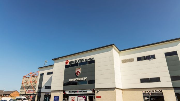 MORECAMBE, UK - July 20, 2021: The Mazuma Stadium formerly known as the Globe Arena for sponsorship reasons is the home of Morecambe FC