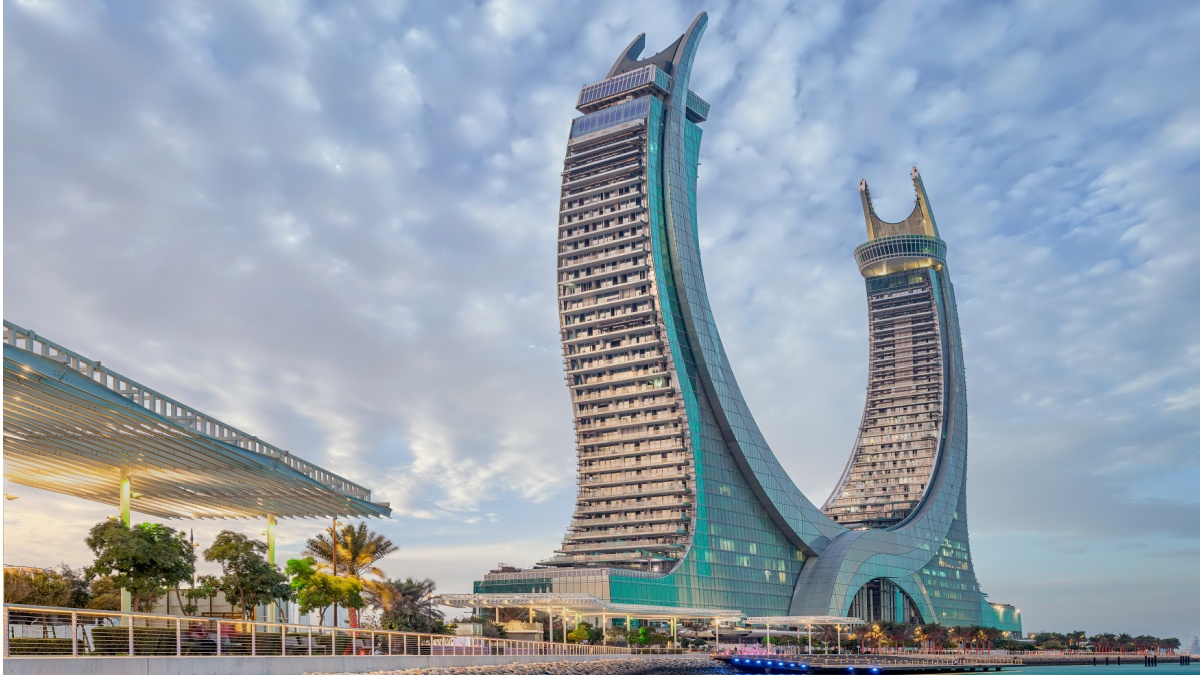 Lusail, Qatar - February 25, 2022: Katara buildings view from Lusail Marina Park.