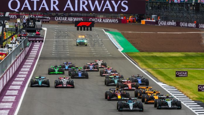 Silverstone Circuit, Towcester, United Kingdom. 7.July.2024; George Russell of Great Britain and Mercedes-AMG PETRONAS F1 Team leads the rave start during Formula 1 British Grand Prix.