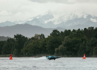 Monaco takes the plunge with launch of E1 team Image of an E1 Racebird racing over Lago Maggiore