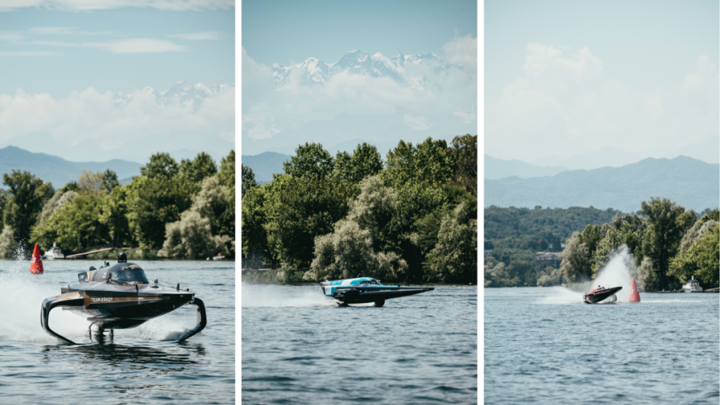 Three images of E1 Racebirds on Lake Maggiore